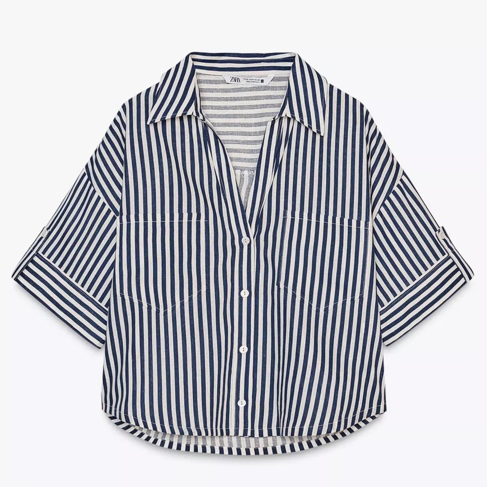 ZARA LINEN BLEND CROPPED SHIRT BLUE WHITE STRIPED MEDIUM V-NECK RESORT VACATION - Picture 6 of 9